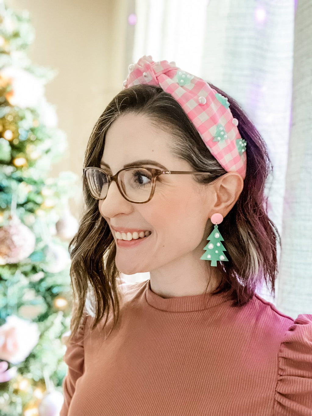 Pink Christmas Headbands + Earrings